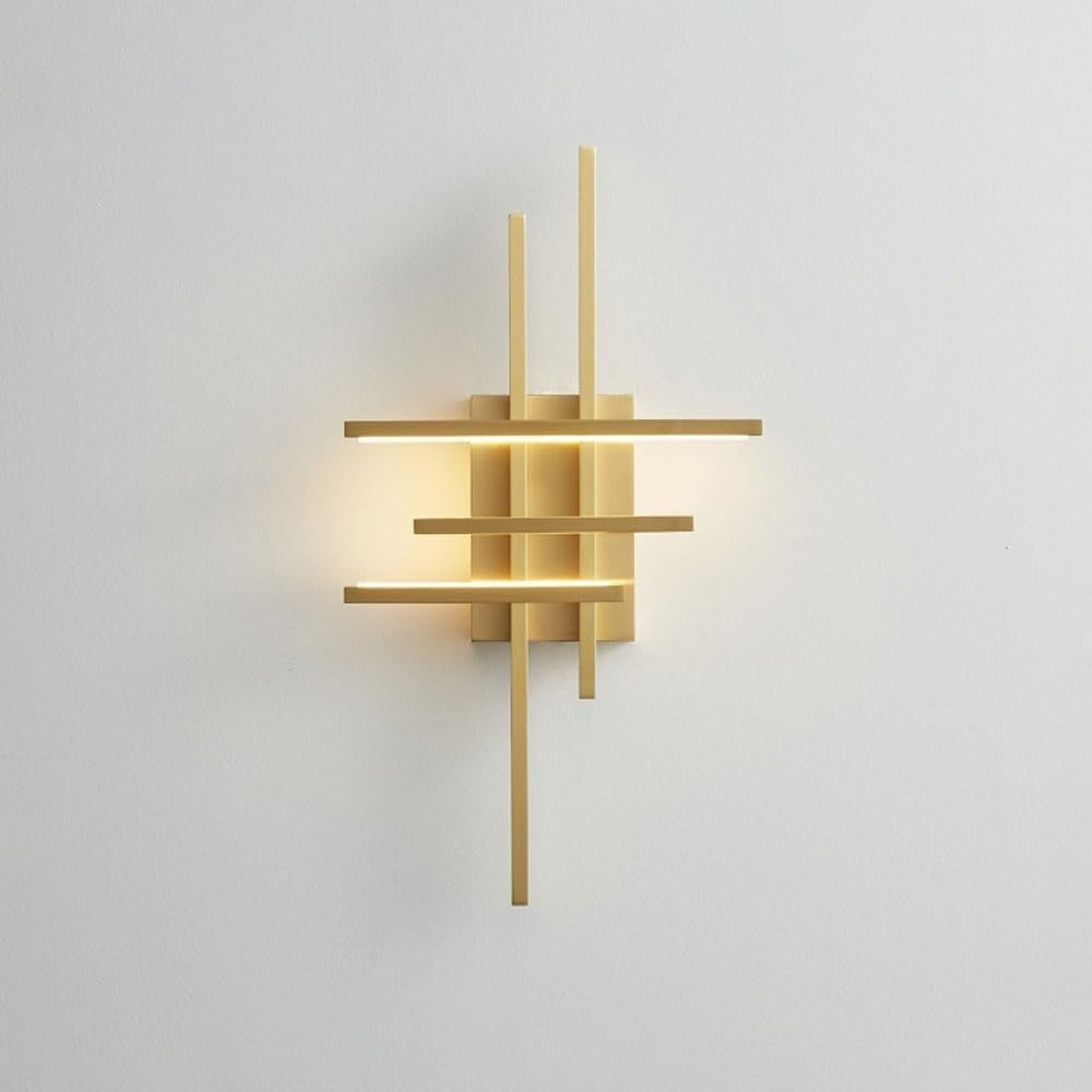CWCQGH Wall Sconce Light Copper Geometric Lamp Art Deco Linear Ing 8w 3 Color Mode Hardwired Lamps for Bedroom Hallway Living,Brass