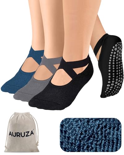 Image of AURUZA Pilates Grip Socks for Women Non Slip Skid Yoga Socks with Grips Straps for Ballet Dance Workout Gripper Sock