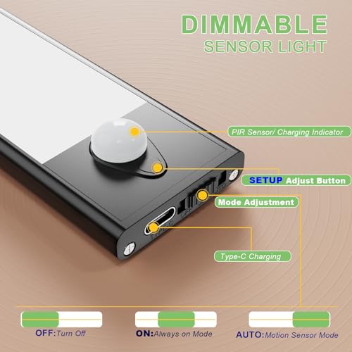 Image of 3 Color Tempers Dimmable Under Cabinet Lights Wireless[2 Pack], Rechargeable LED Motion Sensor Lighting Indoor, Magnetic Closet Lights (Black-2 Pack-2500mAh)