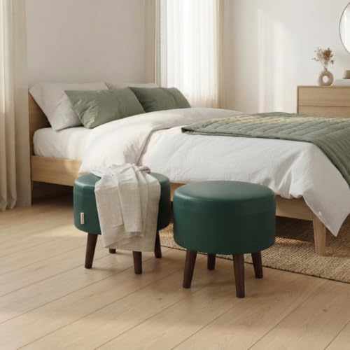 Image of Stool Ottoman Pouffes for Living Room, Kitchen, Home, Office Furniture with Soft Cotton Canva Cushion Mudda Footrest Stool for Chair Sofa Bed Dressing, Green Leather (14 Inch Pack of 2)