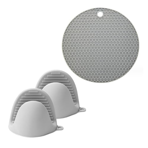 illimitato 鍋つかみ ミトン (240℃ 耐熱 の安心安全な シリコン素材 )耐熱手袋 鍋掴み (ミトン2個・鍋敷きセット(グレー))