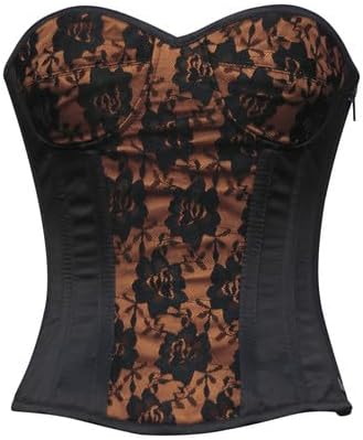 Black and Brown Satin Corset Tops for Women Overbust Gothic Net Overlay Steel Boned Waist Cincher Costume