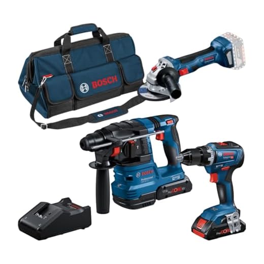 Bosch Professional 18V System Combo Kit: Bohrschrauber GSR 18V-55 + Winkelschleifer GWS 18V-7 + Bohrhammer GBH 18V-22 (inkl. 2x 4.0Ah ProCORE Akku, Schnellladegerät GAL 18V-40, Werkzeugtasche)