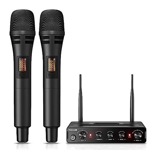 TONOR Micrófono Inalámbrico, Dual Mic UHF Sistema de Micrófono Dinámico de Mano con Receptor, Compatible con Amplificador, Sistema PA, para Karaoke Domestico, Boda, DJ, Fiesta, Iglesia, TW350, Negro