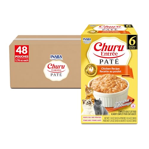 Image of INABA Churu Entree Pate for Cats, High Protein & Moisture, Prebiotic Wet Cat Food, 1.76oz. per Serving, 48 Pouches, Chicken Recipe