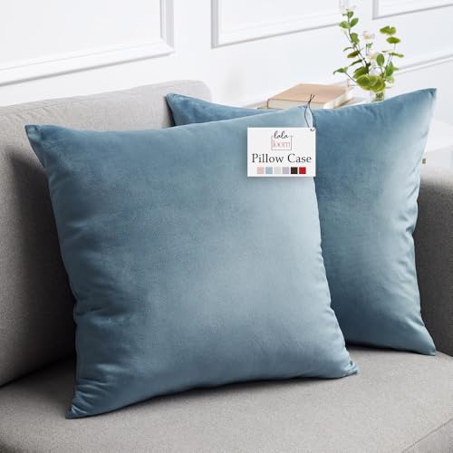 lalaLOOM Velvet Throw Pillow Covers, Set of 2, 18x18 Decorative Square Pillows Home Decor, Soft Accent Cases, Silky Machine Washable Pillowcases for Sofa, Couch, Bedroom, Living Room, Stone Blue