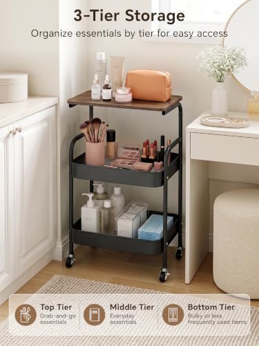 Booklov 3 Tier Makeup Cart Organizer, Rolling Utility Storage Cart, Black — view 5