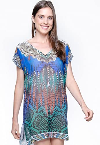 Saida de Praia Crepe Estampado Penas Azul Tamanho:M