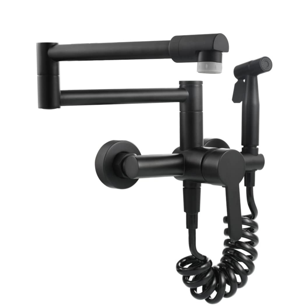 ASerZenith Black Pot Filler Kitchen Faucet With Sprayer, Brass Folding Kitchen Sink Faucet With Dual Mode Spout, Single Handle Retractable Wall-Mount Kitchen Mixer Tap With Swing Arm