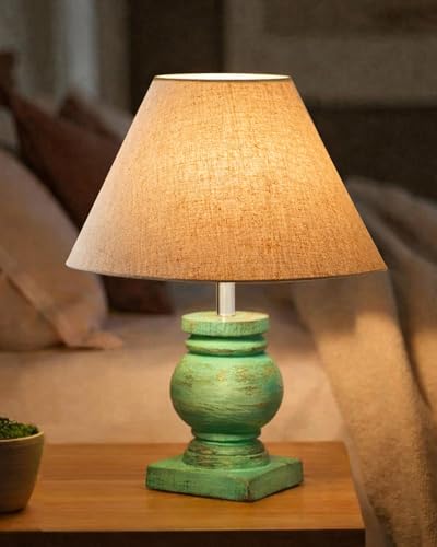 Image of Homesake Small Table Lamp with Green Wooden Base, E27 Holder Bedside Night Lamp for Bedroom Living Room, Decorative Study Desk Lamp Office, Warm Ambient Lighting for Home Decor, Gift, (Jute)