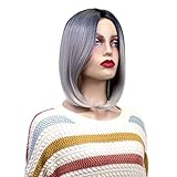 Onpep Short Bob Wigs Ombre Gray Straight Wig for Women Shoulder Length Silver Grey Synthetic Wigs