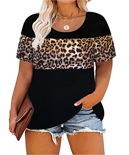 RITERA Plus Size Tops for Women Colorblock Leopard Animal Print Shirt Casual Loose Summer Short Sleeve Shirts Tunic 3XL Cheetah Henley Shirts Oversized Blouse 22W 24W