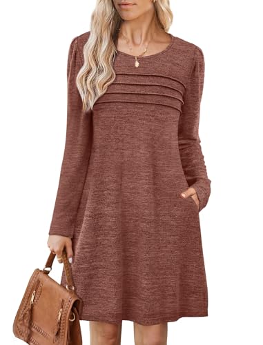 Image of OFEEFAN Womens Long Sleeve Tunic Dress Fall Fashion Sweater Dress with Pockets Pleated Front Casual Winter