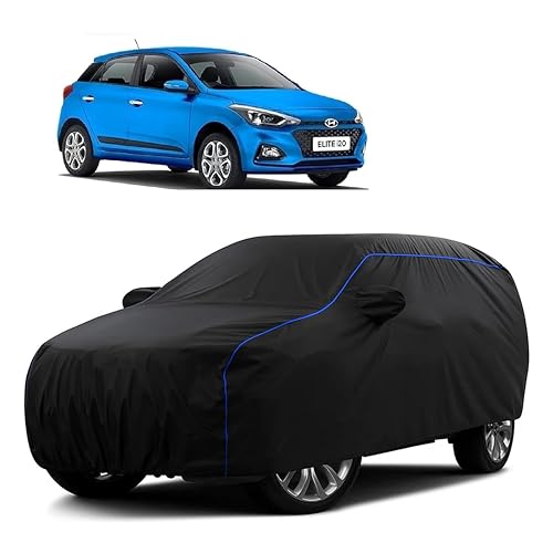 Image of Sulfar 100% Water Resistant Car Body Cover Compatible with Mirror for Hyundai Elite i20 (Triple Stitched, Full Bottom Elastic, Black Tafetta with Blue Piping)