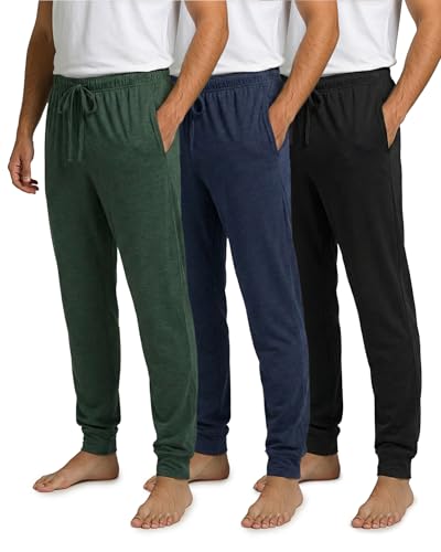 Real Essentials 3 Pack: Men's Ultra Soft Cotton Pajama Pants - Sleep Lounge PJ Joggers with Pockets (Available in Big & Tall)