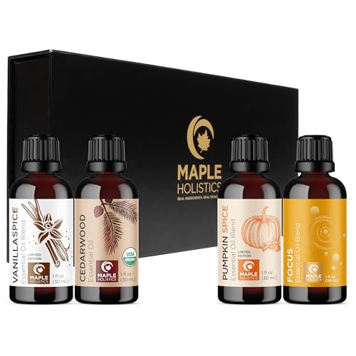 Image of Fall Essential Oils Set for Diffuser - Extra Large 100% Pure Autumn Essential Oil Blends Gift Set with Pumpkin Spice Cedarwood Vanilla Spice & Focus - Aromatherapy Gift for All Occasions (4x30mL)