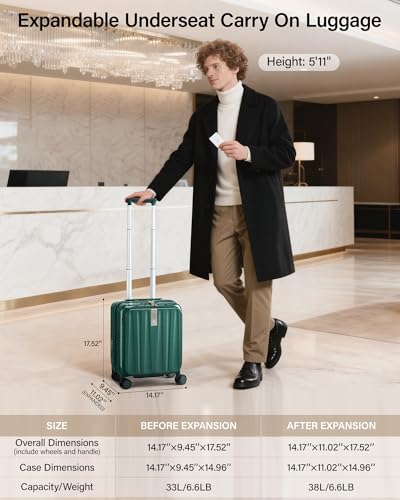 Image of Hanke 45cm Expandable Mini Cabin Trolley Bags, Hard Shell Polycarbonate Top Opening Suitcase, 8 Silent Spinner Wheels, Lightweight Carry On Luggage for Daily Commute & Short Travel,Blackish Green