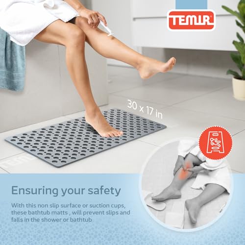TEMIR Bathtub Mat Non Slip and Shower Mat with Suction Cups and Drain Holes, 30x17 in (75x43 cm), Soft Machine Washable Non Slip Bath Mat, Shower Mats for Inside Shower, Easy Dry&Cut (Gray)