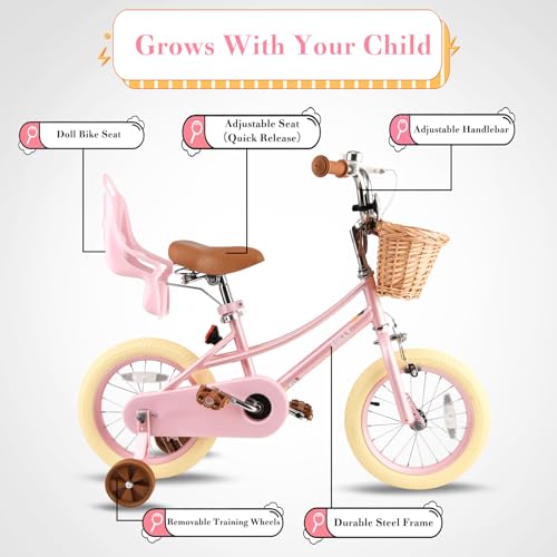 Image of RULLY Kids Bike 12 14 16 inch for 2-7 Years Girls with Training Wheels & Front Handbrake, Kids Bicycle with Basket Bike Streamers Toddler Cycle Bikes