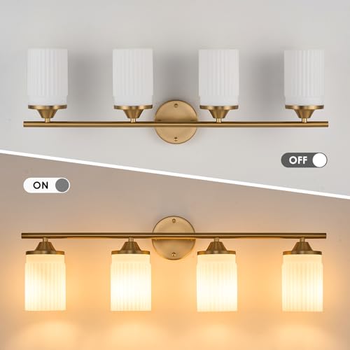 Image of Jonsi Gold Bathroom Light Fixtures 4-Light Vanity Lights Modern Wall Sconce with Milk White Shade Brushed Brass Bathroom Light Fixture Over Mirror for Bedroom Hallway Kitchen