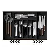 Design extensible : organiseur de couverts réglable qui s'étend de 33 cm à 56 cm pour s'adapter parfaitement aux tiroirs de cuisine de différentes tailles, maximisant l'espace disponible