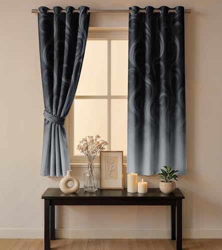 Image of Ultimate Trends Room Darkening Digital Printed Modern Curtain 65-70% Opacity,Diamond Eyelets, Tie Back, Modern Prints, 6 FEET Pack of 2,Charcoal Mist Swirl