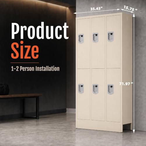 Image of BUTISOW 6 Door Metal Storage Locker for Employees, Heavy Duty Steel School | Locker with Lift Up Handle & Recessed Hasp, Gym Office Lockers with Adjustable Shelves & Hooks, Beige