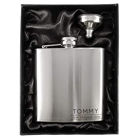 Personalised Stainless Steel 6oz Hip Flasks in a Black Lined Satin Gift Box + Funnel (Design 2) Cover