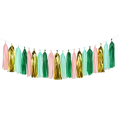 Sage-Green Pink-Gold Party-Decorations Tassel Garland - 20pcs Bachelorette Engagement Baby Bridal Shower Tassels Streamers Rustic Wedding Jungle Birthday Party Spring Decor Panduola