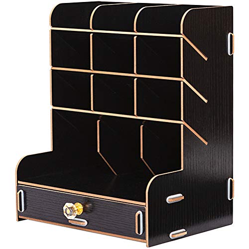 Ayane Wooden Desk Organizer, Multi-Functional DIY Pen pencil Holder Box, Desktop Stationary, Easy Assembly,Home Office Supply Storage Rack with Drawer (102-Black Color)