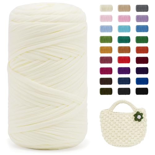 JeogYong T-Shirt Yarn 400g/131 Yards Elastic Fabric Crochet Cloth T Shirt Yarn Thick Hand Knitting Polyester Fabric Ribbon for Crocheting Bags/Baskets/Rugs Home Decor DIY Crafts (Cream)