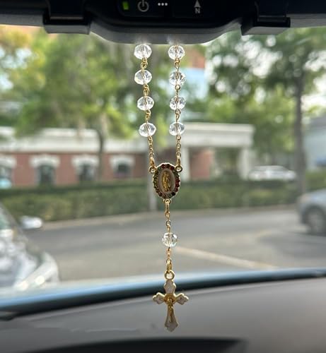 Image of Car Mirror Hanging Accessories,Cross Rosary for Car Mirror Hanging,Catholic Religious Gifts for Women Men,Wedding Favors Baptism Gifts for Guest (White)
