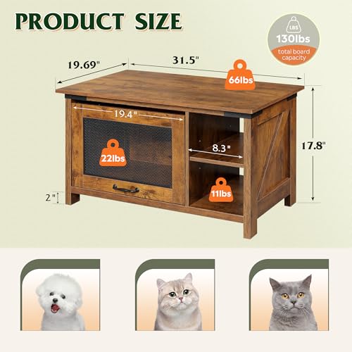 Image of WLIVE Wooden Coffee Table with Flip-up Door, 2-in-1 Cat House, Brown