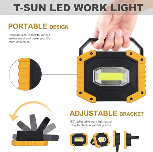 LED Arbeitsstrahler, T-SUN Baustrahler Akku tragbares wasserdichter Arbeitslicht mit 2*Wiederaufladbare Batterien, USB, 3 Lichtmodi für Baustelle Garage Werkstatt(1 pack)
