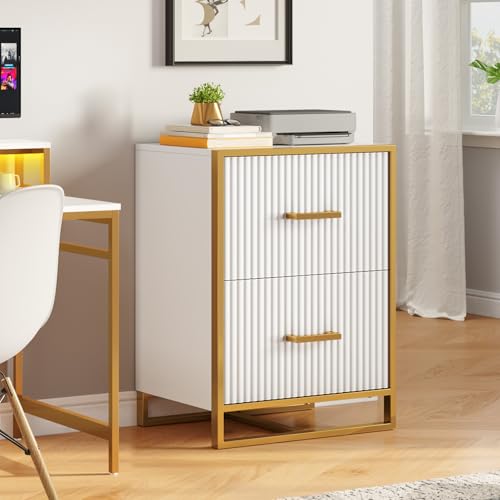 YITAHOME 2 Drawer File Cabinet, Lateral Filing Cabinet for Home Office, White and Gold