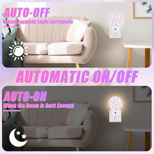 Image of Pink Bow Night Light Ribbon Night Lights LED Lamp Round Plug into Wall Nightlight with Dusk to Dawn Sensor Home Hallway Stairway Kitchen Decor