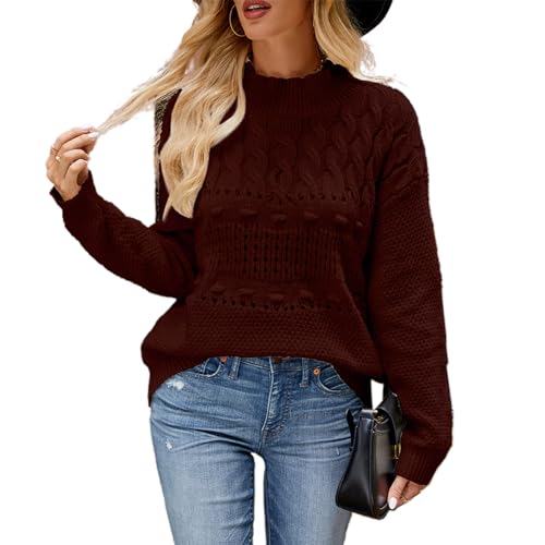 Image of Felcia Women's Hollow Out Crochet Sweater Casual Long Sleeve Crew Neck Cable Knitwear Elegant Going Out Knit Jumper Pullover Streetwear (A-Burgundy, S)