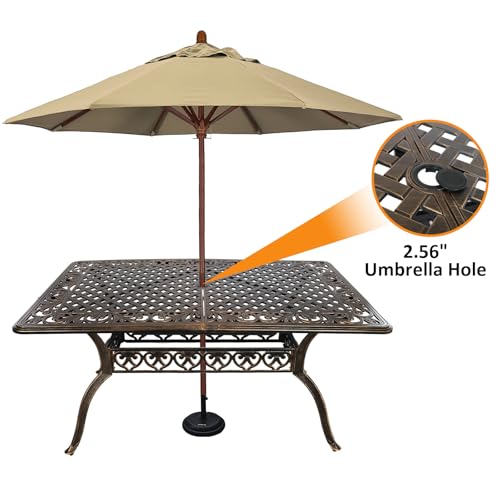 Image of Rectangle Patio Table 59 inch Cast Aluminum Patio Dining Table with 2.56 inch Umbrella Hole, Weather-Resistant Outdoor Dining Table for 6-8 Person, Balcony Garden Table 59 inch x 35.5 inch x 29 inch, Bronze
