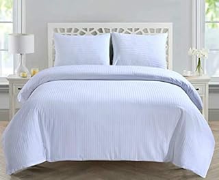 Linen Zone 300 Thread 100% Egyptian Cotton Satin 1CM Stripe Duvet Cover Set Luxury Hotel Quality, White - Double