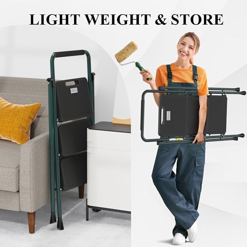 HBTower Step Ladder, Folding Step Stool with Wide Anti-Slip Pedal, Sturdy Steel Ladder, Convenient Handrail, Lightweight, Portable Steel Step Stool
