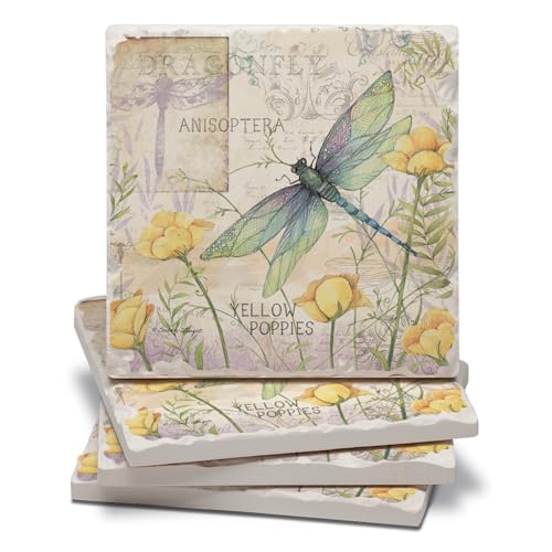 Thirstystone Dragonfly Poppies 4 Pack Tumbled Tile Stone Coasters
