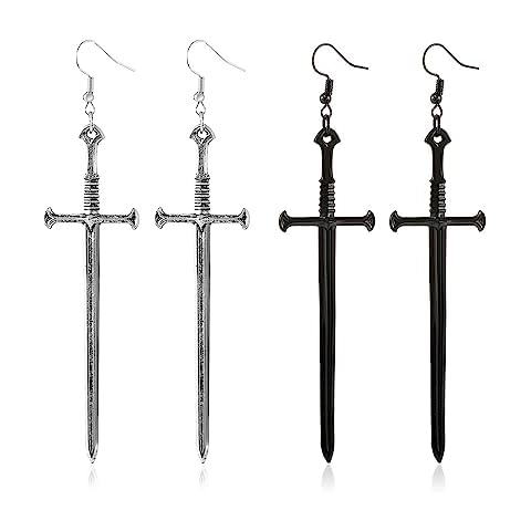 Weenkeey 2 Pairs Gothic Dagger Sword Earrings Retro Long Sword Hook Earrings Punk Knife Dangle Drop Earrings for Women - Silver Black Cover