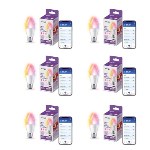 WiZ Connected 40W B12 Color LED Smart Candle-Shaped Bulb - Pack of 6 - E26- Indoor - Connects to Your Existing Wi-Fi - Control with Voice or App + Activate with Motion - Matter Compatible by WiZ Connected - Used condition - US$82.79