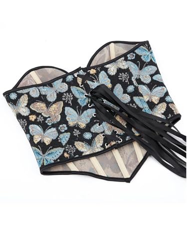 QIAIYALA Blue Butterfly Pattern Corset Top for Women Floral Bustier Lace Up Boned Overbust Lingerie Bodyshaper M