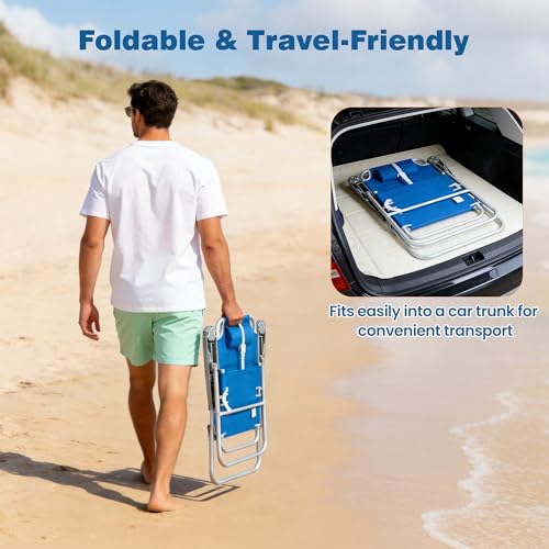 Image of SUNNYFEEL Oversized Tall Folding Beach Chair Lightweight, 17 inch Portable Sand Chair for Adults Heavy Duty with Cup Holders and Headrest, Foldable High Camping Lawn Chairs for Camp /Outdoor /Picnic /Sports