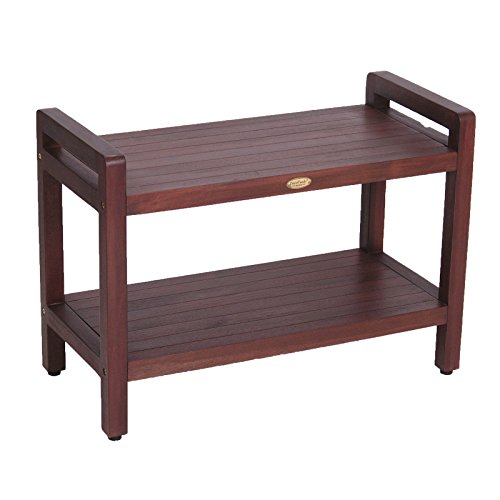 Decoteak Teak Wood Shower Bench 29" Long Eleganto Natural Wooden Seat Shower Stool With Liftaide Arms And Shelf Woodland Brown Shower Bench For Indoors And Outdoors #TOP18