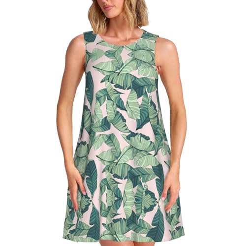 Robe d'été sans manches avec motif feuilles de palmier imprimé bohème chic femme