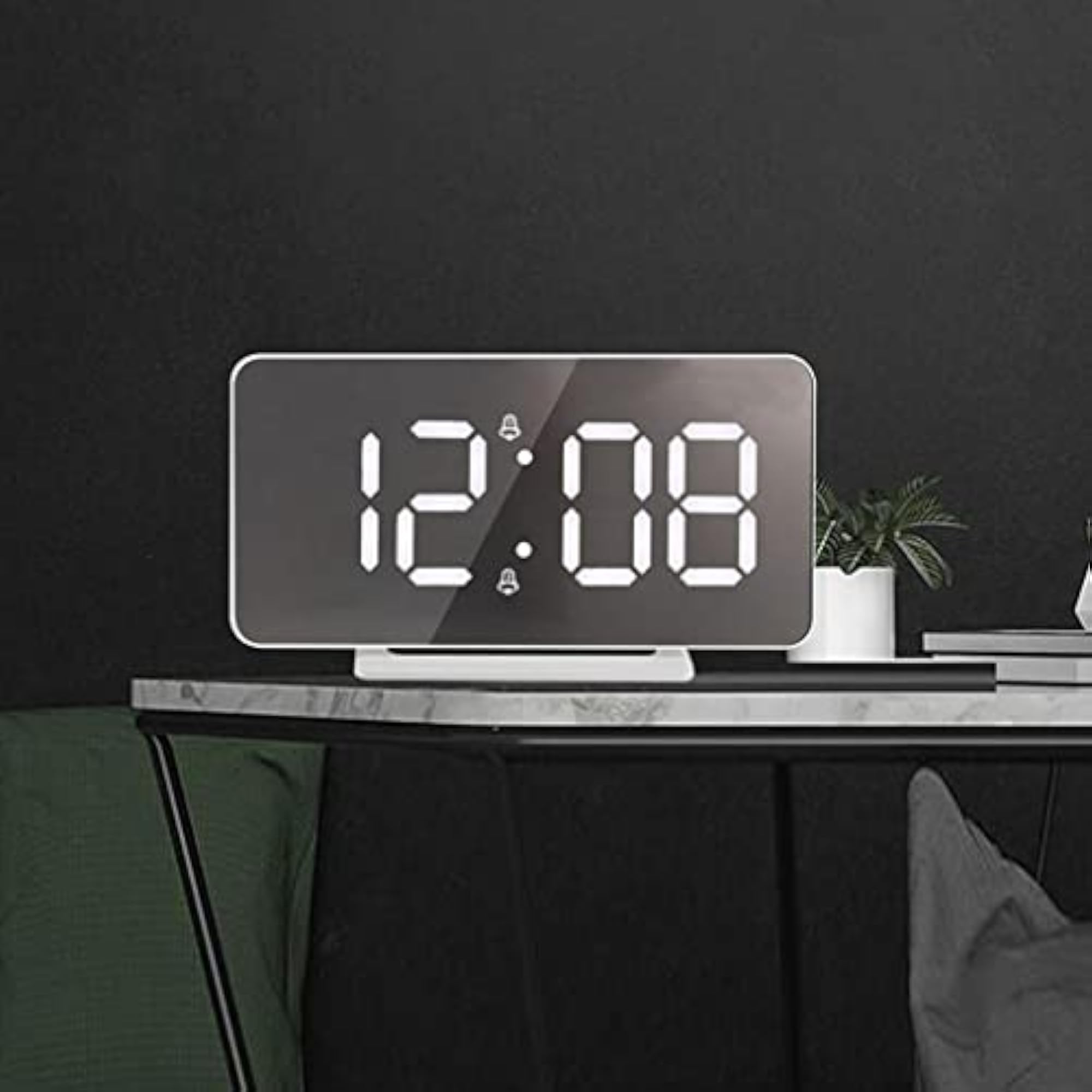 Digital Table Desk Clock with LED Display, Silver Mirror