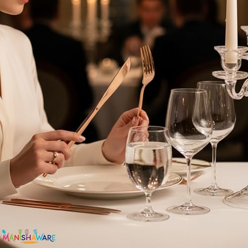 Image of Slim Handle Rose Gold 24 Pcs Stainless Steel Cutlery Set for Dining Table, Dishwasher Safe Glossy Flatware (6 Spoon Set + 6 Forks Set + 6 Butter Knife + 6 Dessert Spoon)