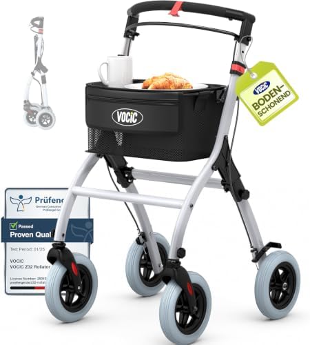 VOCIC Z32 Rollator Schmal für Wohnung,Indoor Rollator Faltbar und Leicht | Stabiler Wohnungsrollator mit Spuer Leiser Anti-Rutsch Reifen,Rollatoren für Senioren Klappbar Tablett,We